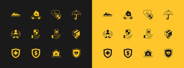 Şemsiye Kalkanı 'nı, elinde dolar kontratıyla Sel Evi' nin hayat sigortası kalkanı Flood Car ve Burning ikonu ile ayarla. Vektör.