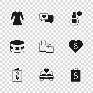 Yatak odası kalbini 8 Mart 'ta tebrik kartı, kâğıt torbası parfümlü kadın konuşma balonu, hediye kutusu ve kalp ikonu ile ayarla. Vektör.