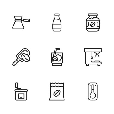 Kahve çekirdeği torbası termometre Espresso tonik kavanozu Türk sütü ve tahıl ikonlu Spatula. Vektör.