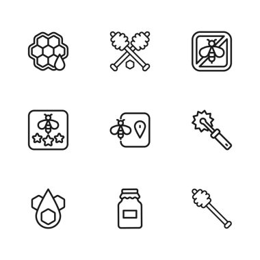 Honey Dipper çubuğu için kavanoz dolusu ballı kesiciyi ayarlayın. Bal peteği ve Tip ikonunu durdurun. Vektör.