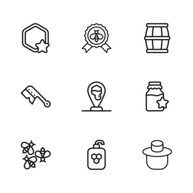 Kozmetik tüpünü bal kavanozu ile ayarla. Bal arısı şapkasını koru. Bal arısı konumu en iyi tahta fıçı ve arıcılık fırçası ikonu. Vektör.