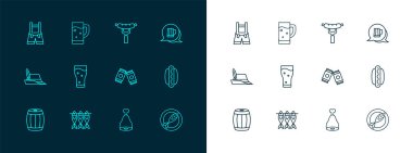 Ahşap bira kupası kurutulmuş balık birası tavuk budu konservesi sosis bardağı Lederhosen ve ikon çatalında. Vektör.