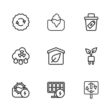 Güneş enerjisi panelini yaprak Geri Dönüşüm sembolü Çevre dostu ev Çöp Kutusu Iceberg ve Asit yağmuru radyoaktif bulut simgesine ayarla. Vektör.