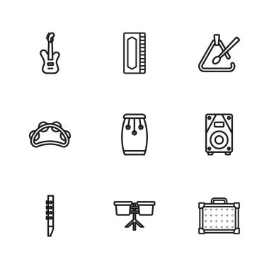 Bongo davul davul sesi hoparlörü Gitar amplifikatörü Conga davul üçgeni müzik enstrümanı Electric bass gitar mızıka ve tef ikonu. Vektör.