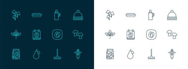 Kış şapkası, Pear Leaf Garden Takvimi, sonbahar yapraklı termos kabı mantarı ve ev yapımı turta ikonu. Vektör.