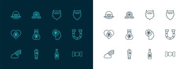 Bıyıklı ve sakallı bir bardak bira, yonca yapraklı bira şişesi para çantası cüce şapka ve madalya ikonu. Vektör.