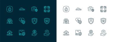 Lifebuoy Teslimat Hattı 'nı kalkan sigortası Para Çantası Yangın ve Sel Arabası ikonu ile kurun. Vektör.