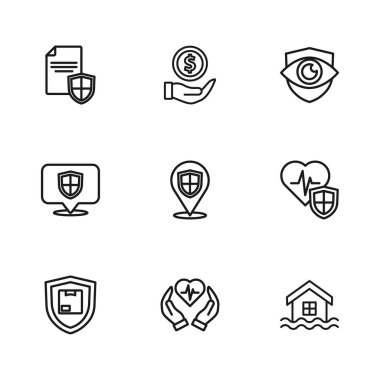 Shield Evi 'ni sel baskını konum kalkanı ve göz sözleşmesi para ve ikon ile sigortala. Vektör.