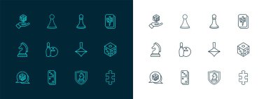 Sıra Mahjong parçaları Domino Whirligig oyuncağı Satranç broşu ve top oyunu zarları ve masa oyunu ikonu için Chip. Vektör.