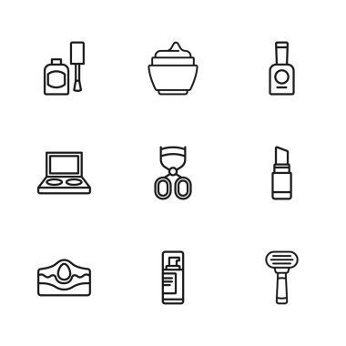 Jel jöleli tıraş jölesi ruj jlu jilet bigudi, tırnak cilası, krem losyon losyonu ve fırça ikonlu gölge paleti. Vektör.