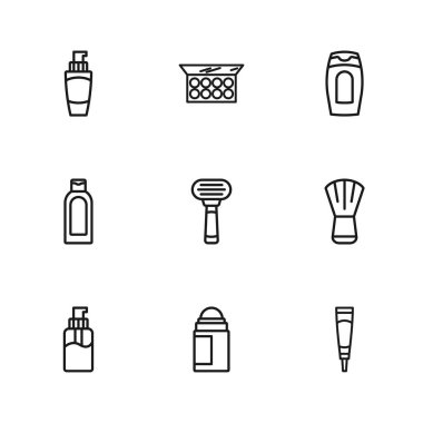 Deodorant rulo makyaj kremi krem kozmetik tüpü traş jilet şişesi şampuan tüpü el kremi tozu, ayna ve ikon. Vektör.