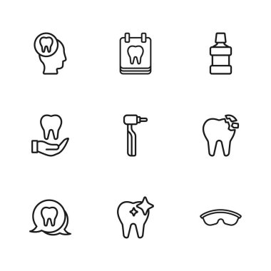 Diş beyazlatıcı, kırık diş koruyucu gözlük ağız gargargarası diş ağrısı takvimi ve ikon. Vektör.