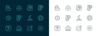 Hat termometre bulutunu yağmurlu gece sisi ya da dumanlı hava tahmini uygulaması ile ayarla. Su bırakma oranı güneş, hava durumu ve gündoğumu ikonu. Vektör.