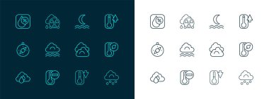 Termometre Bulutlu Sis ve Bulut Gece sisi ya da duman damlası yüzdesi ve asit yağmuru radyoaktif ikonu ayarlayın. Vektör.