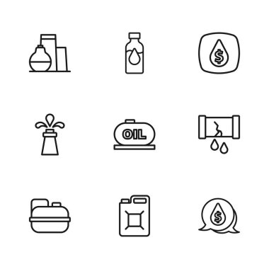 Benzin için benzin bidonu hazırlayın. Yağ deposu sembolü depolama tüpü ve teçhizat ikonu olan kırık petrol borusu. Vektör.