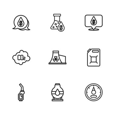 Benzin deposu için benzin deposu ayarlayın. Motor göstergesi nükleer enerji santrali dolar sembollü benzin test tüpü ve CO2 emisyon bulutu ikonu. Vektör.