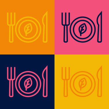 Pop Art Line Vegan yemek diyeti ikonu renk arka planında izole edilmiş. Organik, biyolojik, ekolojik sembol. Vejetaryen, et yok, laktozsuz, sağlıklı, taze ve şiddet içermeyen yiyecekler. Vektör.