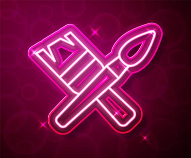 Parlayan neon çizgisi fırça simgesi kırmızı arkaplanda izole edildi. Vektör.