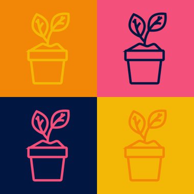 Popüler sanat çizgisi. Esrar ikonunda bitki. Renkli arka planda izole edilmiş. Tencerede yetişen bir bitki. Saksı bitkisi işareti. Vektör.