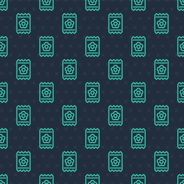 Özel bir bitki simgesinin tohumlarıyla dolu yeşil çizgi paketi mavi arkaplanda izole edilmiş pürüzsüz desen. Vektör.