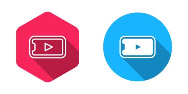 Doldurulmuş ve ana hatlı çevrimiçi video oynatma simgesi uzun gölge arkaplanı ile izole edildi. Akıllı telefon ve üzerinde oyun işareti olan film şeridi. Vektör.