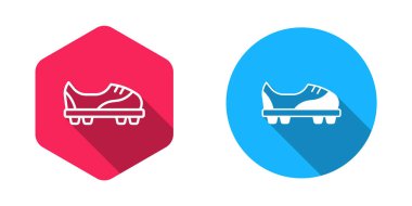 Doldurulmuş ve ana hatları çizilmiş futbol ayakkabısı ikonu uzun gölge arkaplan izole. Futbol ayakkabıları. Spor futbolu ayak koruması. Vektör.