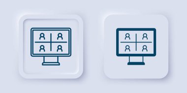 Gri arkaplanda görüntülü sohbet ikonu dolduruldu ve ana hatları belirlendi. Çevrimiçi iş görüşmesi formu. Uzak proje yönetimi. Kare düğmesi. Vektör.