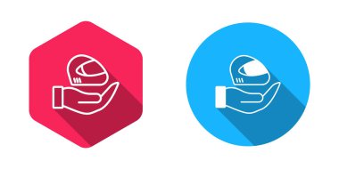 Yarış miğferi simgesi dolduruldu ve ana hatları çizildi. Uzun gölgeli arka plan izole edildi. Olağanüstü bir spor. Spor malzemeleri. Vektör.