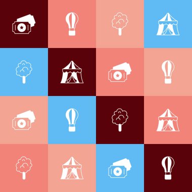 Pop Art Circus biletini ayarlayın. Sıcak hava balonu, pamuk şeker ve çadır ikonu. Vektör.