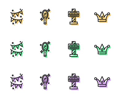 Cazibe Atlıkarınca Karnaval çelengi, bayraklı sihirli el aynası ve Soytarı şapkası ikonu. Vektör.