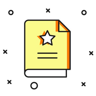 Beyaz arkaplanda izole edilmiş taslak senaryo simgesi. Sanat projeleri, filmler, tiyatrolar için senaryo okuma konsepti. Düz çizgili, gölgeli. Vektör.