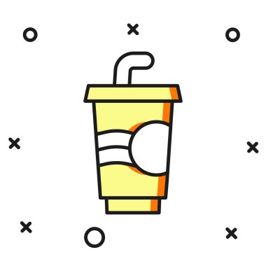 Kağıt bardakla doldurulmuş, beyaz arka planda izole edilmiş saman ve su ikonu var. Soda bardağı. Taze soğuk içecek sembolü. Düz çizgili, gölgeli. Vektör.