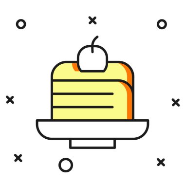 Beyaz arkaplanda izole edilmiş ana hatlı pasta simgesi. Doğum günün kutlu olsun. Düz çizgili, gölgeli. Vektör.