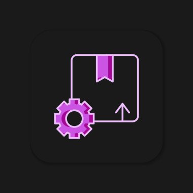 Siyah arkaplanda izole edilmiş paket kutusu simgesi ile ana hatlı şanzıman çarkı dolduruldu. Kutu, paket, paket işareti. Teslimat ve ambalaj. Düz çizgili, gölgeli. Vektör.