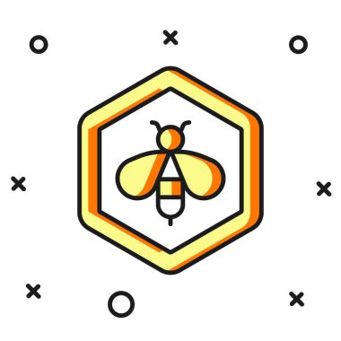 Arı ve bal peteği simgesi beyaz arkaplanda izole edildi. Bal hücreleri. Bal arısı ya da kanat sembollü apis. Uçan böcek. Tatlı doğal yemek. Düz çizgili, gölgeli. Vektör.