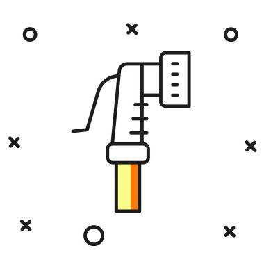 Doldurulmuş bahçe hortumu simgesi beyaz arka planda izole edilmiş. Sprey tabanca ikonu. Su ekipmanları. Düz çizgili, gölgeli. Vektör.