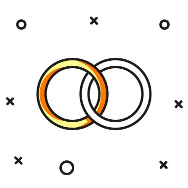 Doldurulmuş alyans simgesi beyaz arkaplanda izole edilmiş. Gelin ve damat mücevher tabelası. Evlilik sembolü. Elmas yüzük. Düz çizgili, gölgeli. Vektör.