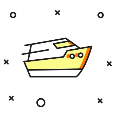 Beyaz arkaplanda izole edilmiş ana hatlı sürat teknesi simgesi. Düz çizgili, gölgeli. Vektör.