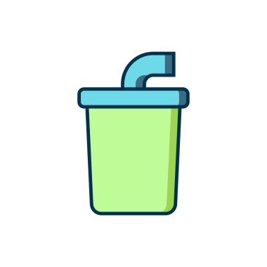 Kağıt bardakla doldurulmuş, beyaz arka planda izole edilmiş saman ve su ikonu var. Soda bardağı. Taze soğuk içecek sembolü. Düz çizgili, gölgeli. Vektör.