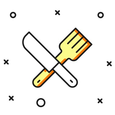 Doldurulmuş çizgili bıçak ve çatal simgesi beyaz arka planda izole edilmiş. Çatal bıçak sembolü. Düz çizgili, gölgeli. Vektör.