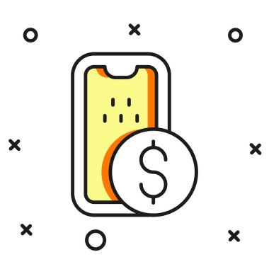 Doldurulmuş Mobil bankacılık simgesi beyaz arkaplanda izole edildi. Cep telefonu ekranına cep telefonu bankacılığı yoluyla para aktar. Düz çizgili, gölgeli. Vektör.