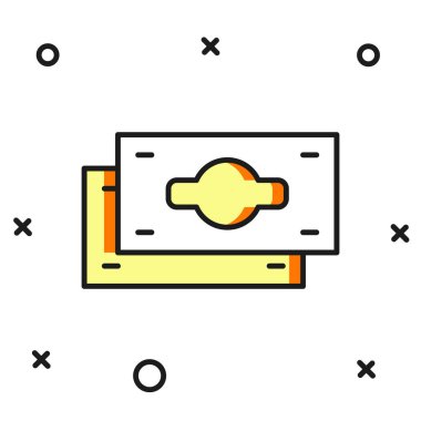 Doldurulmuş kağıt yığınları para para ikonu beyaz arka planda izole. Para desteleri. Para birimi. Düz çizgili, gölgeli. Vektör.