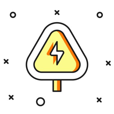 Doldurulmuş yüksek gerilim işareti simgesi beyaz arkaplanda izole edildi. Tehlike sembolü. Üçgendeki ok. Uyarı simgesi. Düz çizgili, gölgeli. Vektör.