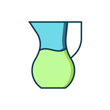 Beyaz arka planda izole edilmiş, ana hatlı sürahi bardakları ve su ikonu. Su için çaydanlık. İçme suyu dolu cam sürahi. Düz çizgili, gölgeli. Vektör.