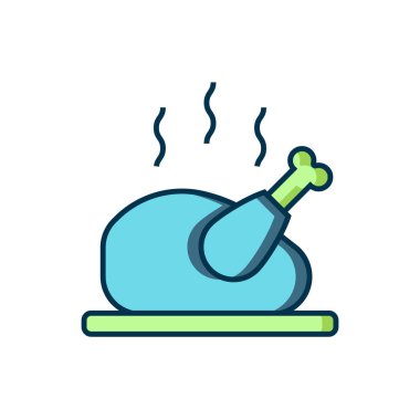 Ana hatlarıyla doldurulmuş hindi ya da beyaz arka planda izole edilmiş tavuk ikonu. Düz çizgili, gölgeli. Vektör.