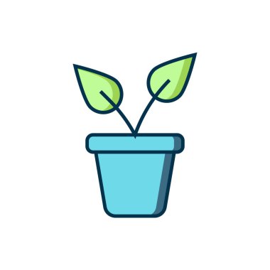 Doldurulmuş bitki özü beyaz arkaplanda izole edilmiş tencere simgesi. Tencerede yetişen bir bitki. Saksı bitkisi işareti. Düz çizgili, gölgeli. Vektör.