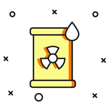 Beyaz arka planda izole edilmiş varil simgesinde radyoaktif atık var. Zehirli atık fıçısı. Radyoaktif atık emisyonları, çevre kirliliği. Düz çizgili, gölgeli. Vektör.