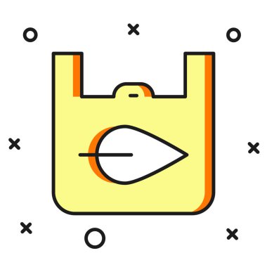 Beyaz arka planda izole edilmiş geri dönüşüm simgesiyle doldurulmuş kağıt alışveriş torbası. Geri dönüşüm sembollü çanta. Düz çizgili, gölgeli. Vektör.