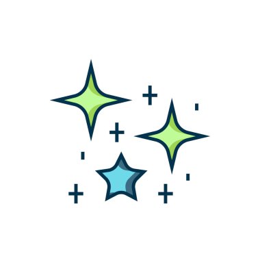 Beyaz arkaplanda izole edilmiş sihirli parçacık simgesiyle ana hatlarıyla parıldayan yıldızlar. Sihirli noel süsü. Düz çizgili, gölgeli. Vektör.