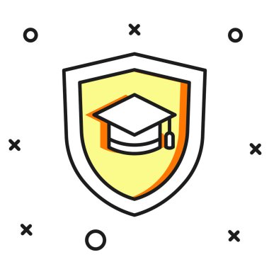 Beyaz arka planda izole edilmiş kalkan simgesiyle ana hatları doldurulmuş mezuniyet şapkası. Sigorta konsepti. Güvenlik, güvenlik, koruma, konsept koruma. Düz çizgili, gölgeli. Vektör.